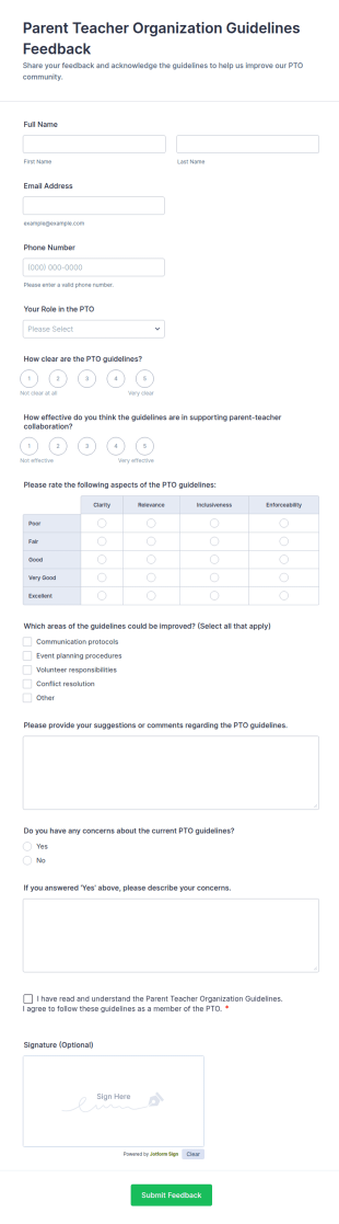 Parent Teacher Organization Guidelines Feedback Form Template