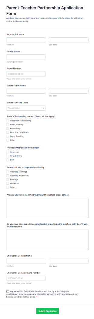 Parent Teacher Partnership Application Form Template