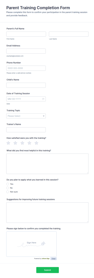 Parent Training Completion Form Template