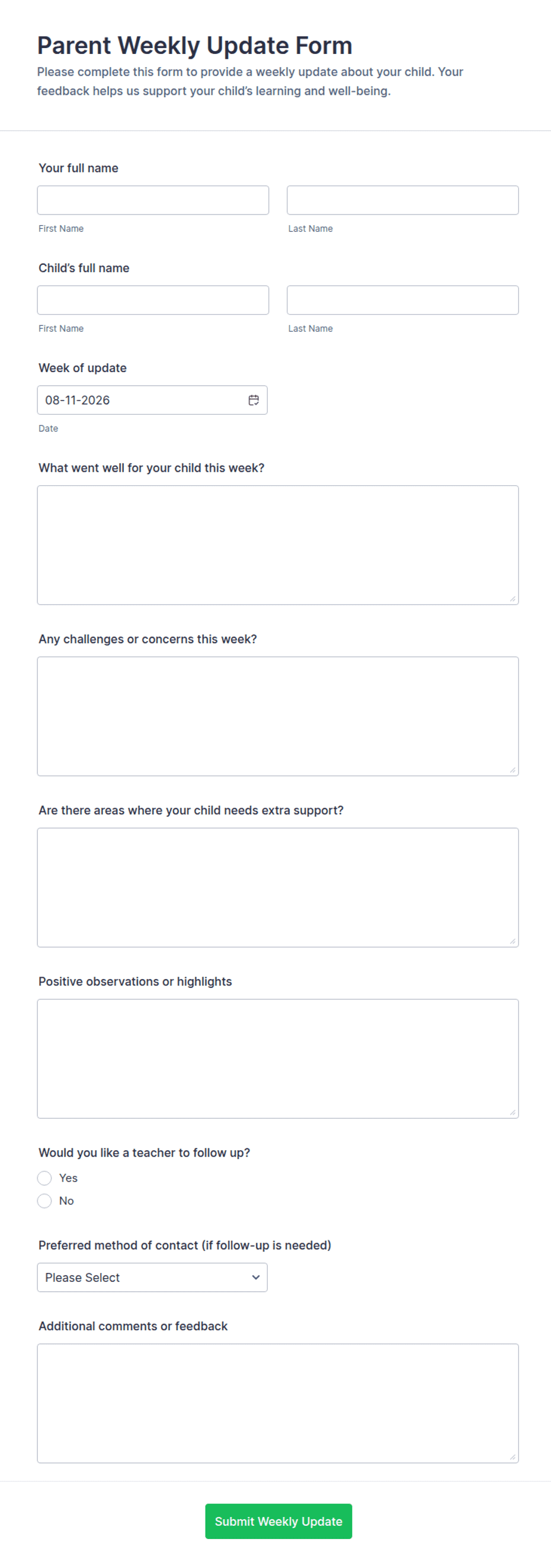 Parent Weekly Update Form Template | Jotform