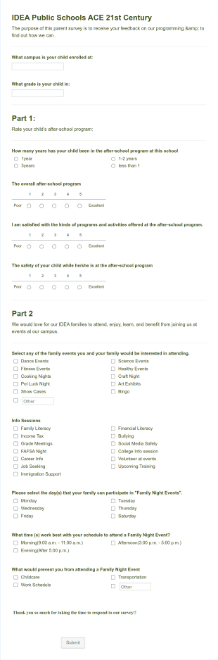 Public School Parent Survey Template Form Template