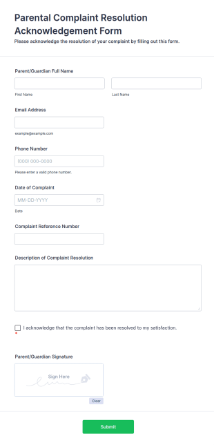 Parental Complaint Resolution Acknowledgement Form Template