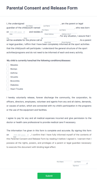 Parental Consent And Release Form Template