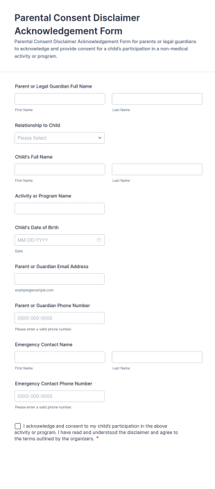 Parental Consent Disclaimer Acknowledgement Form Template