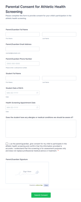 Parental Consent For Athletic Health Screening Form Template