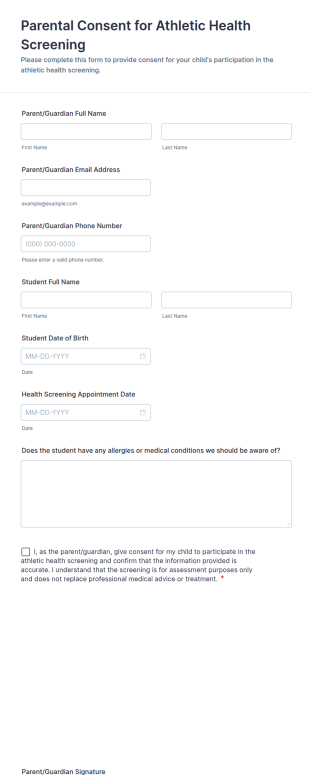 Parental Consent For Athletic Health Screening Form Template
