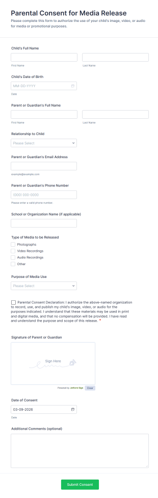 Parental Consent For Media Release Form Template