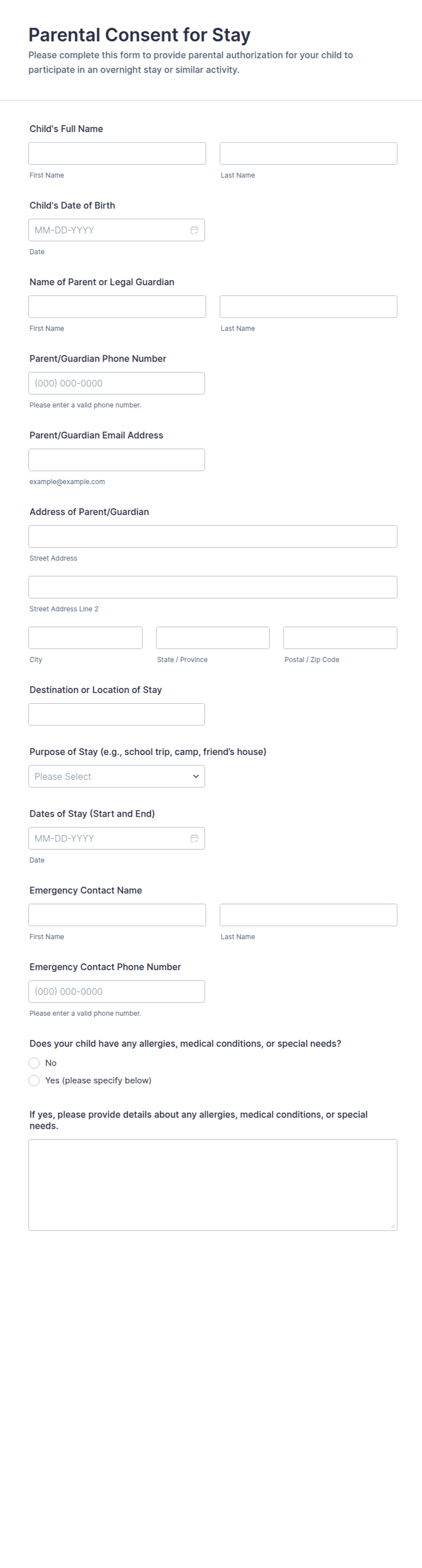 Parental Consent for Stay Form Template | Jotform