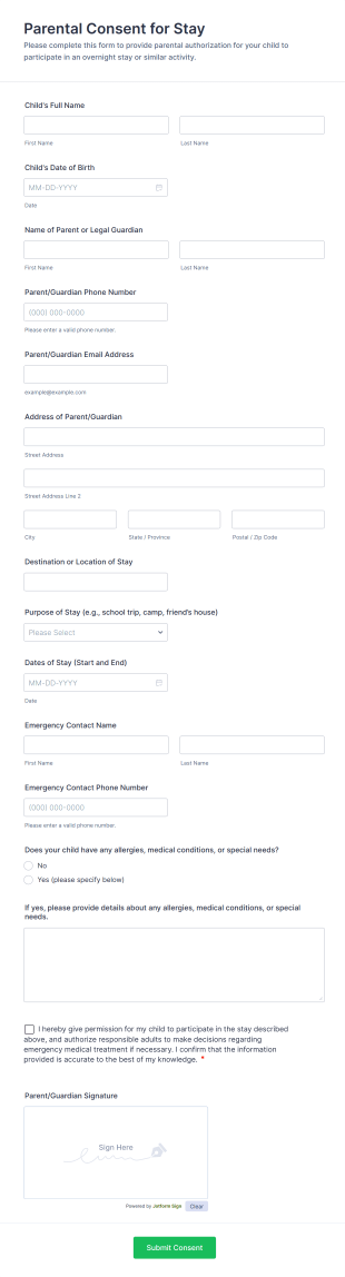 Parental Consent For Stay Form Template