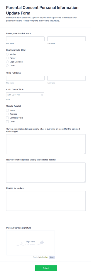 Parental Consent Personal Information Update Form Template