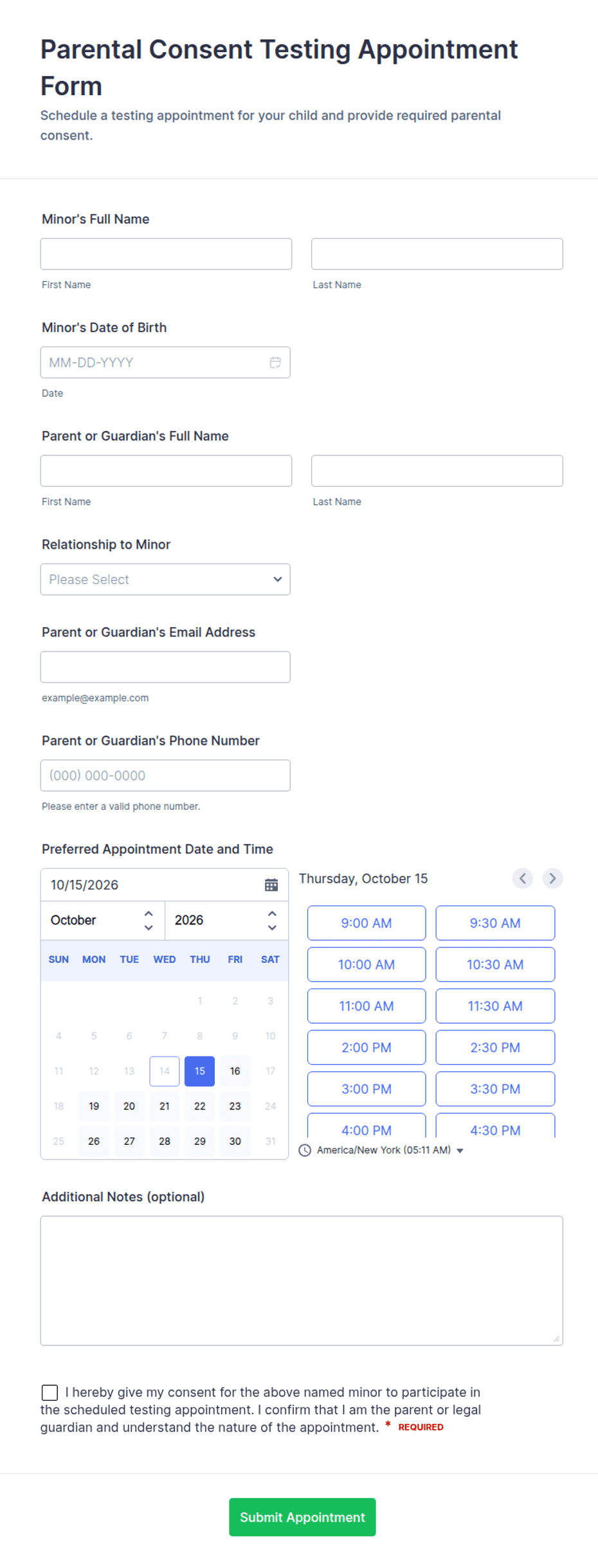 Parental Consent Testing Appointment Form Template | Jotform