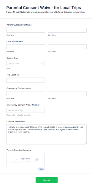 Parental Consent Waiver For Local Trips Form Template
