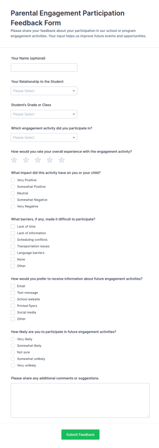 Parental Engagement Participation Feedback Form Template