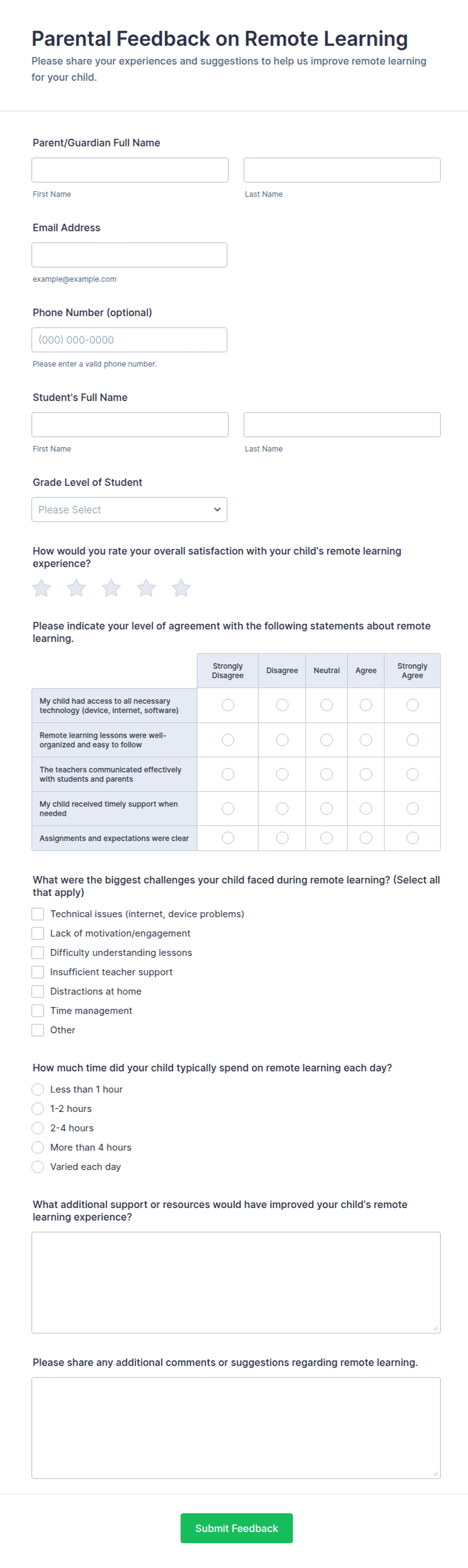 Parental Feedback on Remote Learning Form Template | Jotform