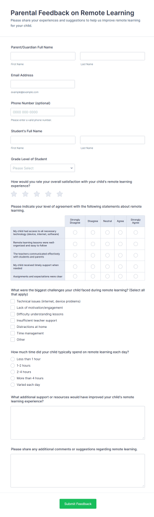 Parental Feedback On Remote Learning Form Template