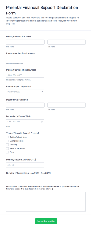 Parental Financial Support Declaration Form Template