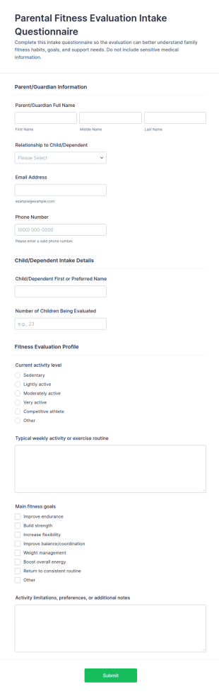 Parental Fitness Evaluation Intake Questionnaire Form Template