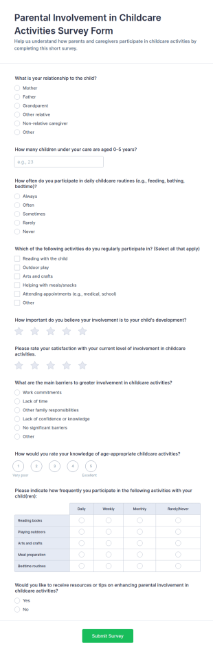 Parental Involvement In Childcare Activities Survey Form Template