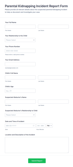 Parental Kidnapping Incident Report Form Template