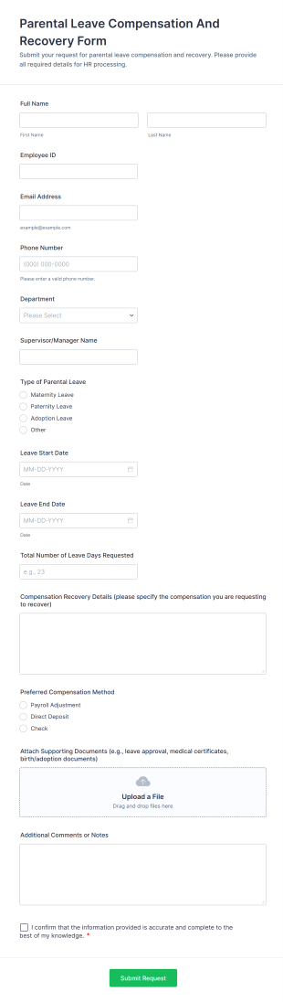 Parental Leave Compensation And Recovery Form Template