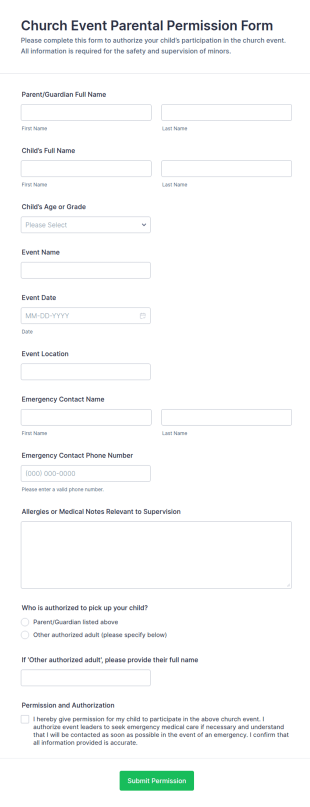 Parental Permission Form For Church Event