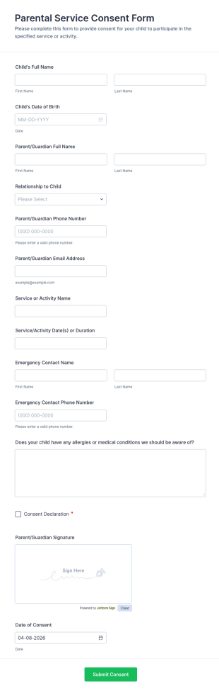 Parental Service Consent Form Template