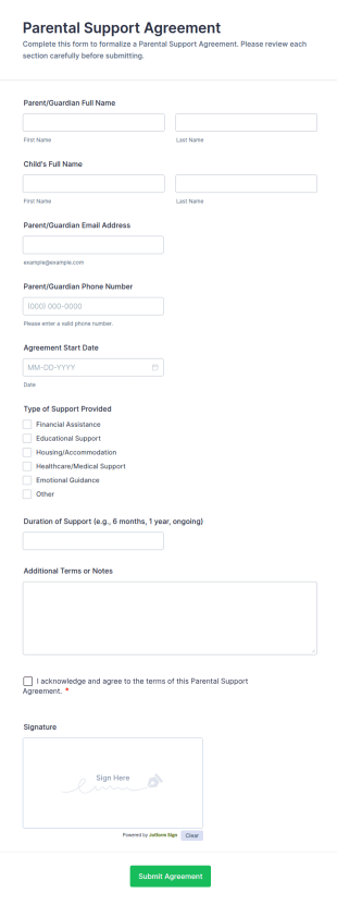 Parental Support Agreement Form Template