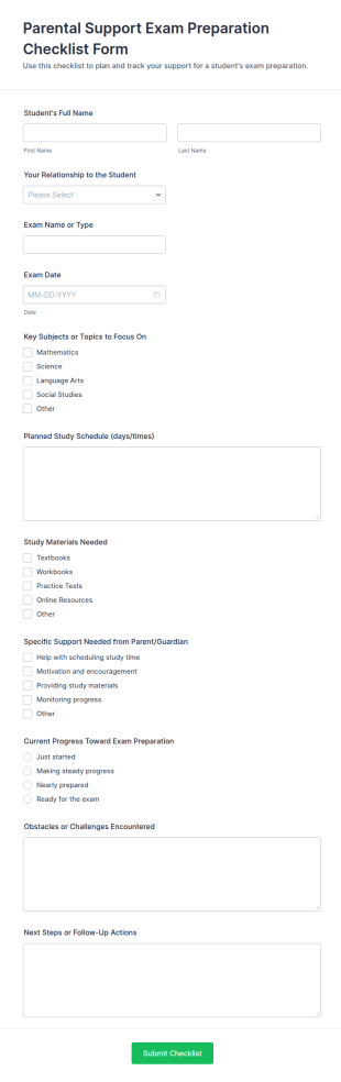 Parental Support Exam Preparation Checklist Form Template