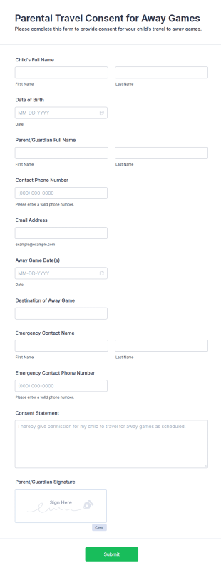Parental Travel Consent For Away Games Form Template