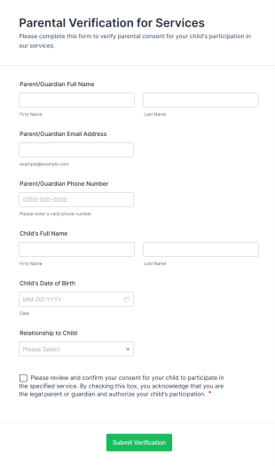 Parental Verification For Services Form Template