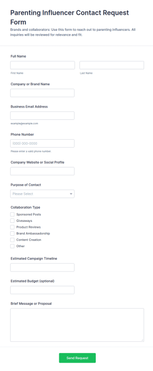 Parenting Influencer Contact Request Form Template