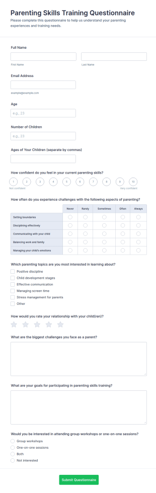 Parenting Skills Training Questionnaire Form Template