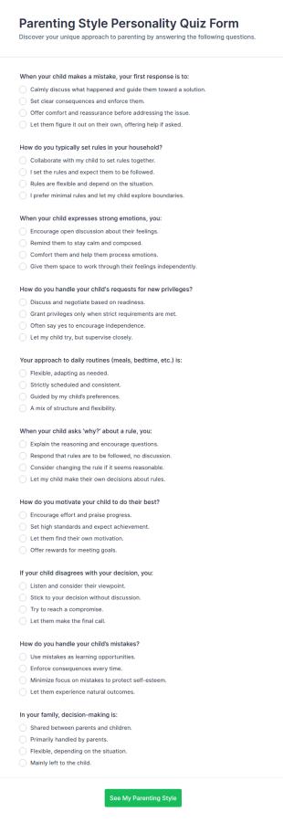 Parenting Style Personality Quiz Form Template