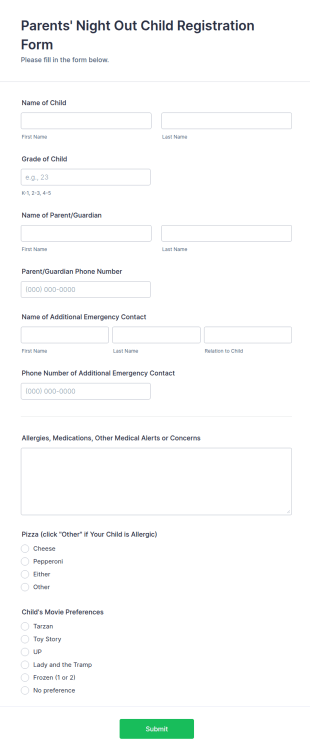 Parents' Night Out Child Registration Form Template