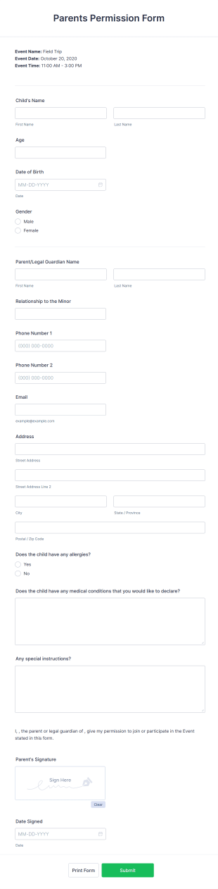 Parents Permission Form Template