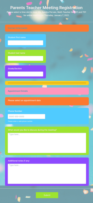 Parents Teacher Meeting Registration Form Template