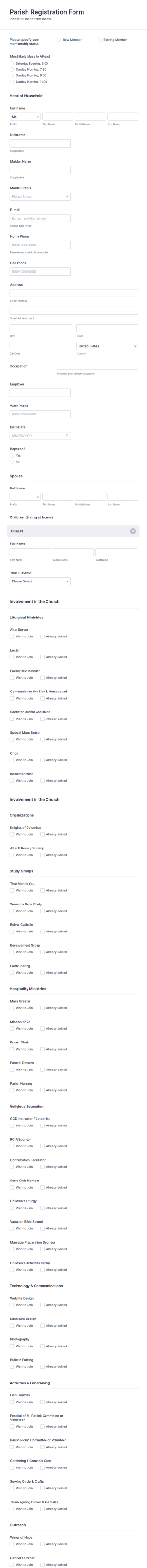Parish Registration Form Template