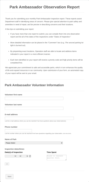 Park Ambassador Observation Form Template