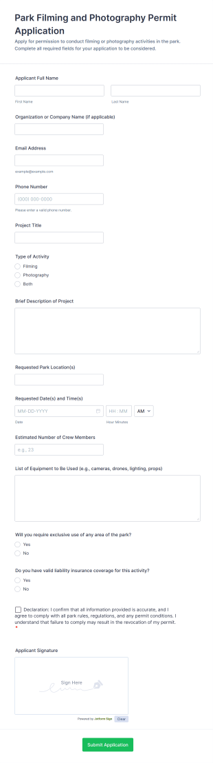 Park Filming And Photography Permit Application Form Template