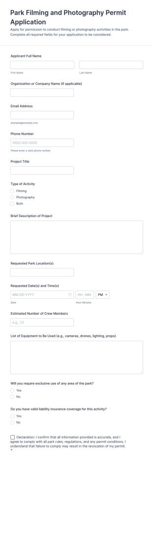 Park Filming And Photography Permit Application Form Template