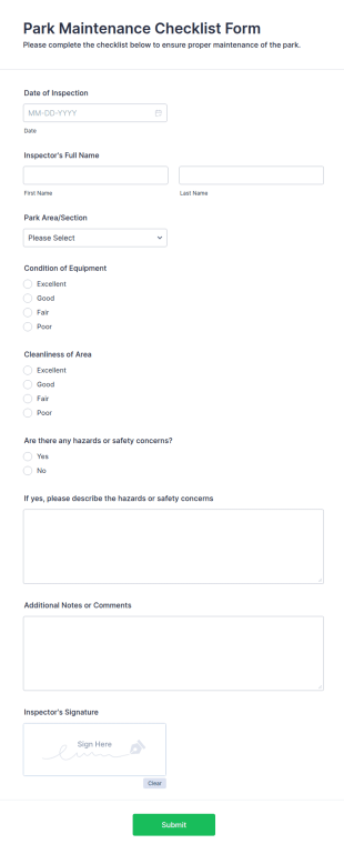 Park Maintenance Checklist Form Template