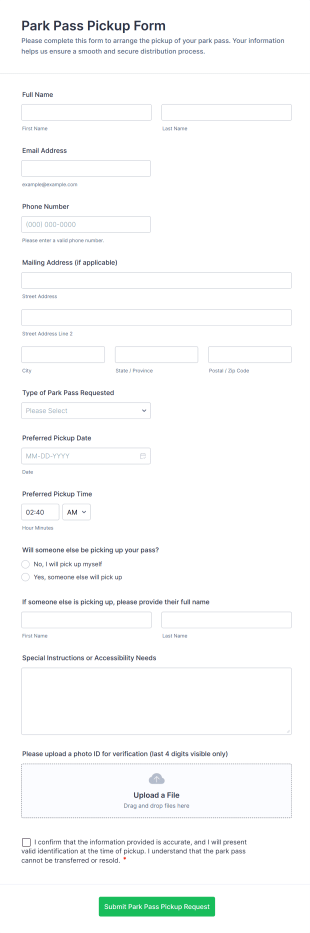 Park Pass Pickup Form Template
