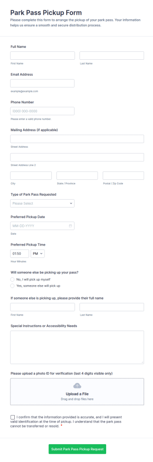 Park Pass Pickup Form Template
