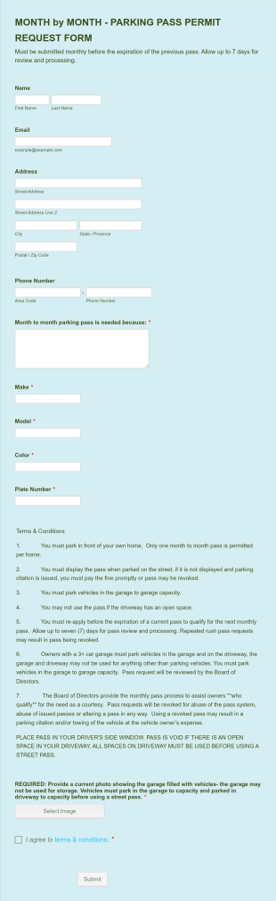 Month To Month Park Pass Request Form Template