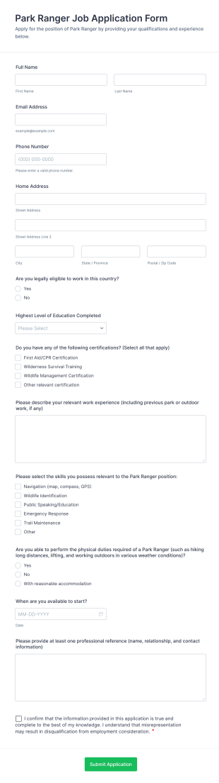 Park Ranger Job Application Form Form Template