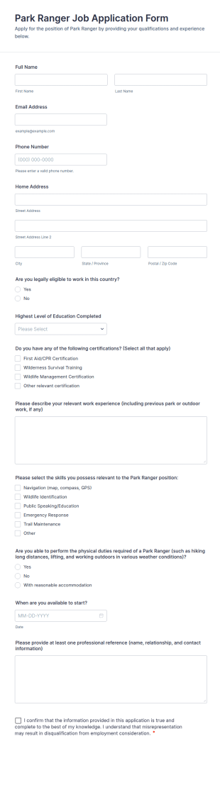 Park Ranger Job Application Form Template