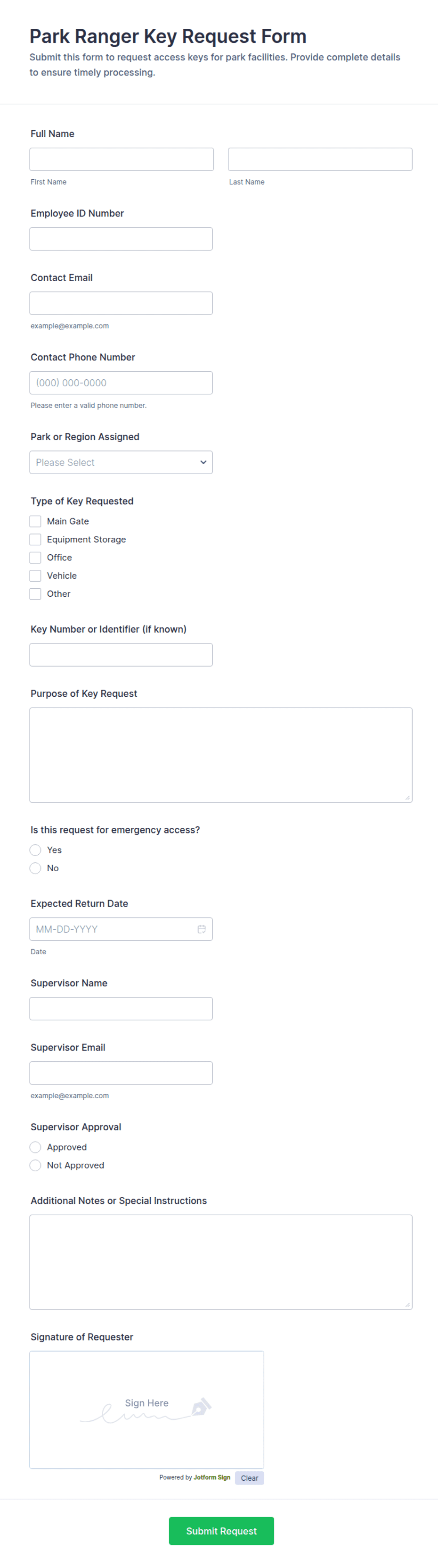 Key Request Form Example Park Ranger Key Request Form Template | Jotform