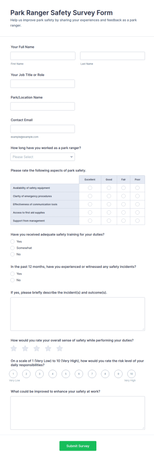 Park Ranger Safety Survey Form Template