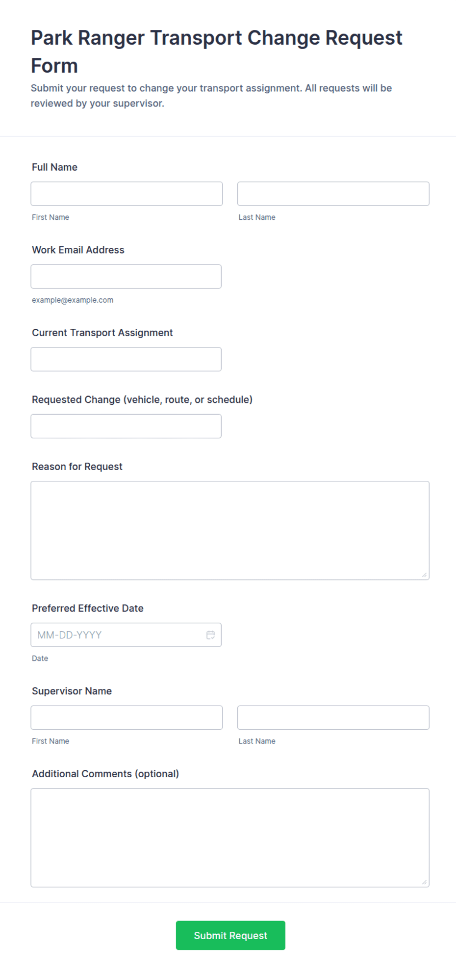 Park Ranger Transport Change Request Form Template | Jotform