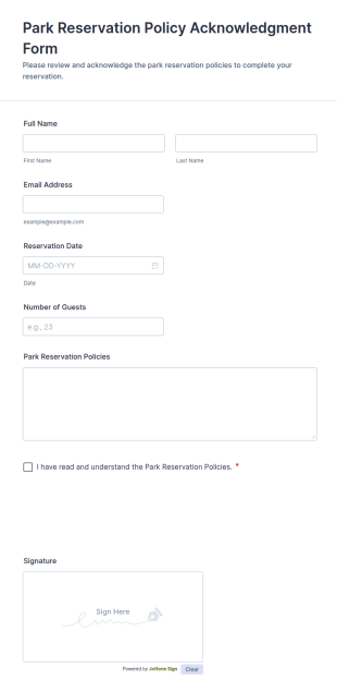 Park Reservation Policy Acknowledgment Form Template